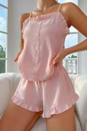 Pembe Fırfır ve Düğme Detaylı İnce Askılı Şort Takım 7727