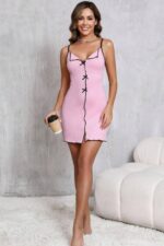 Pembe Seksi İnce Askılı Kurdele Detaylı Mini Gecelik 15975.56.S