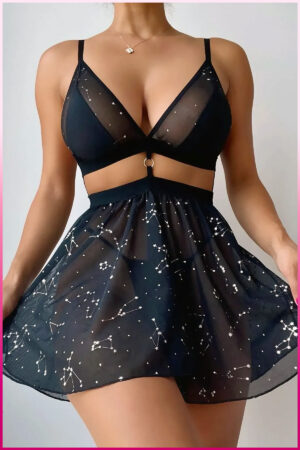 Siyah Fantezi Seksi Desenli Babydoll Gecelik PS0014